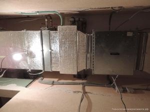 Приточная система вентиляции. Слева направо:нагреватель водяной, охладитель водяной, канальный вентилятор в звукоизолированном корпусе